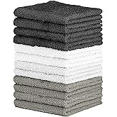 QUBA LINEN 100% Cotton Washcloth Set β Soft, Absorbent Face Towels for Bathroom & Gym Use βReusable, Durable & Machine Washable - Dark Grey, White & Light Grey, 12x12 Inches, Pack of 12