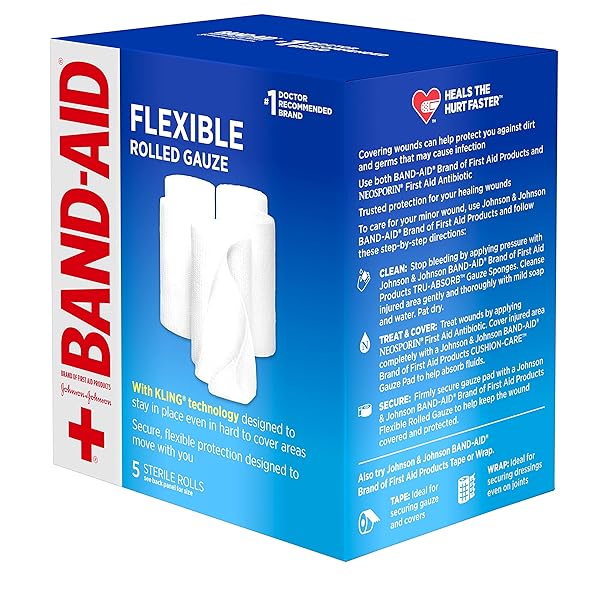 BAND-AID BRAND OF FIRST AID PRODUCTS FLEXIBLE ROLLED GAUZE DRESSING FOR MINOR WOUND CARE, SOFT PADDING AND INSTANT ABSORPTION, 3 INCHES BY 2.1 YARDS, VALUE PACK 5 CT
