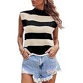 Saodimallsu Womens Striped Sweater Vest Sleeveless Mock Neck Cap Sleeve Ribbed Knit Summer Crop Tops
