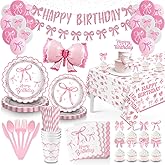 Coquette Birthday Decorations Set, 141Pcs Pink Bow Happy Birthday Party Decorations Serve 16,with Plates Cake Top Napkins Cups Banner Tablecloth Balloons, Pink Party Supplies for Girls Party