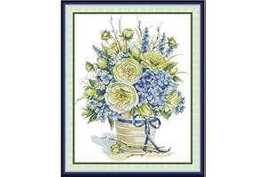 Bilrost Luxury 14ct Floral Cross Stitch Kit for Enthusiasts: Premium DIY Embroidery for Elegant Home Decor & Gifts-Blue Hydrangea Basket 12.6 x16.54 inch