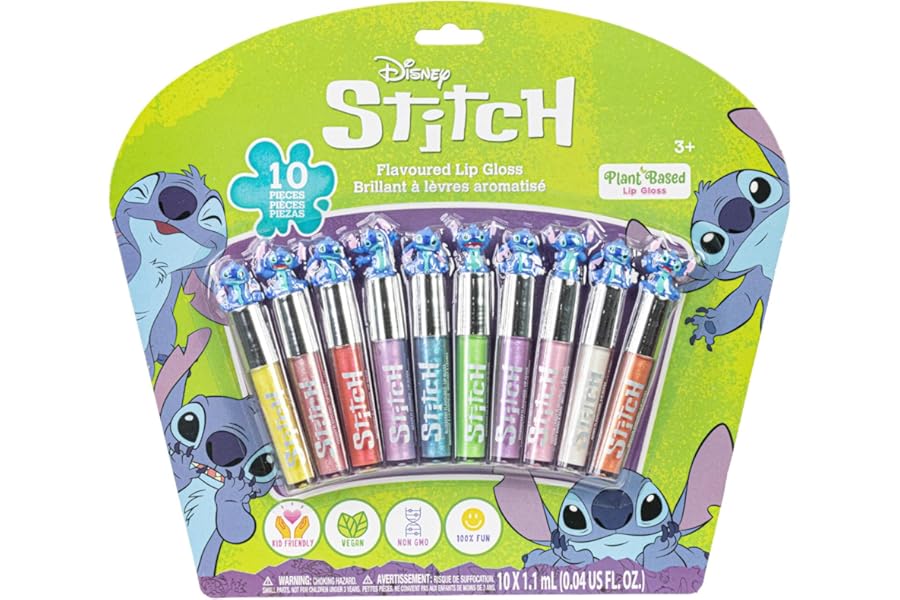 Disney Stitch 10 Piece Plant Based Lip Gloss, Girls Party Favors, First Makeup Set for Girl, Perfect for Parties, Sleepovers, and Birthday Gifts, Ages 3+, by Townley Girl