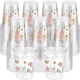 Jingmore 100 Pcs Flower Plastic Cups 12 oz Floral Wildflowers Disposable Clear Drinking Cups Bulk for Summer Spring Wedding Baby Shower Birthday Party Decorations Supplies(Boho Flower,Colorful)