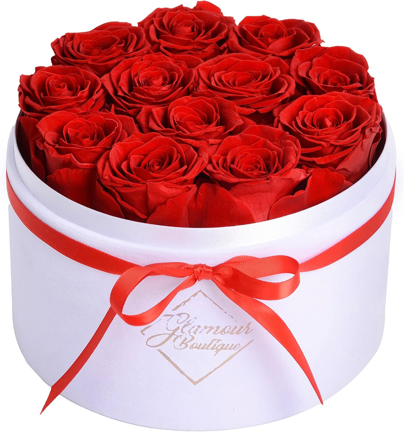 Dried & Preserved Flora - GLAMOUR BOUTIQUE Forever Flower Gift Box: 12 Real Preserved Roses in Round Velvet White Box, Handmade, Rose Petals, Birthday, Marriage,Anniversary, Graduation - Red