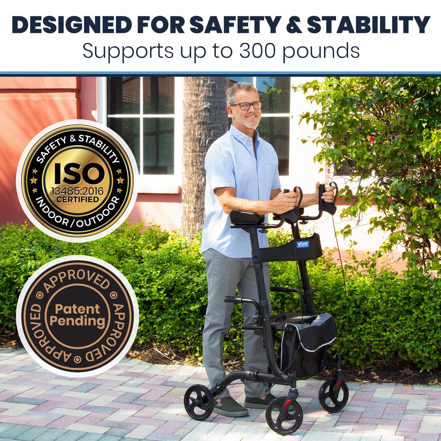 Vive Mobility Upright Walker with Seat - Stand Up Rollator, Arm Rests, Heavy Duty, Folding Medical Aid Scooter for Elderly, Seniors - Walking Assist, Foldable Transport Chair - 300 lb Capacity