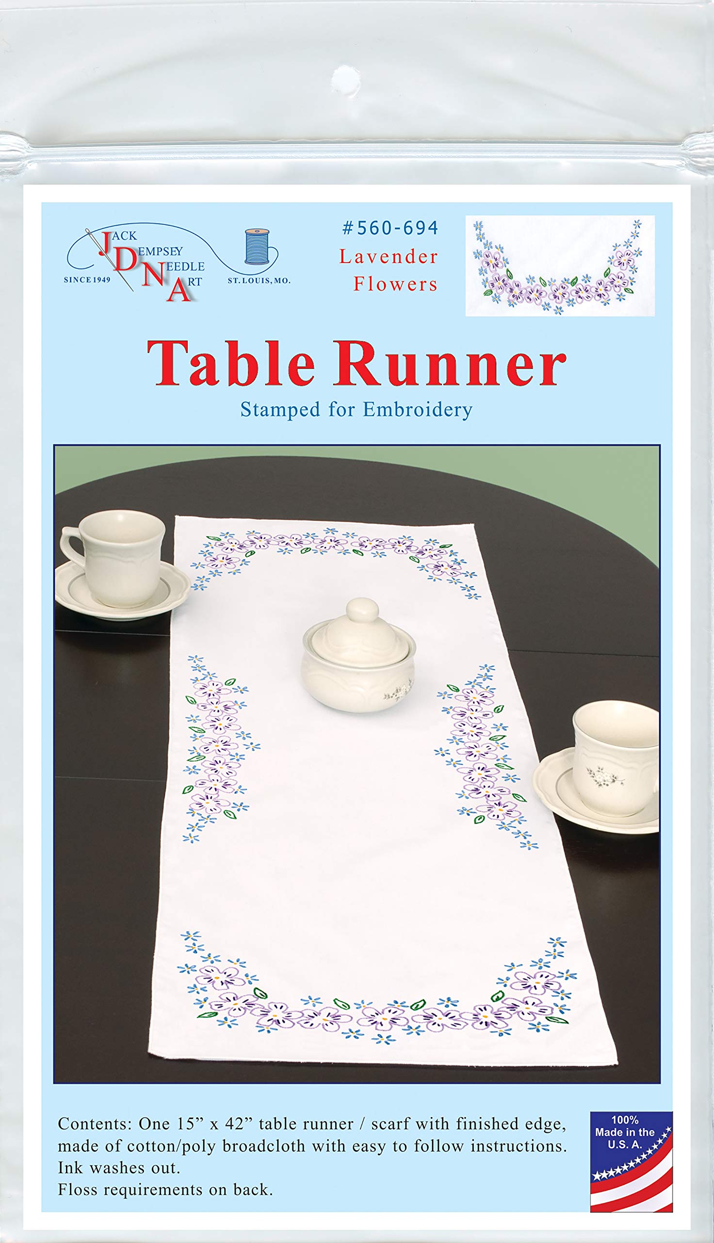 JACK DEMPSEY NEEDLE ART Table Runner Scarf, Lavender Flowers, One Size
