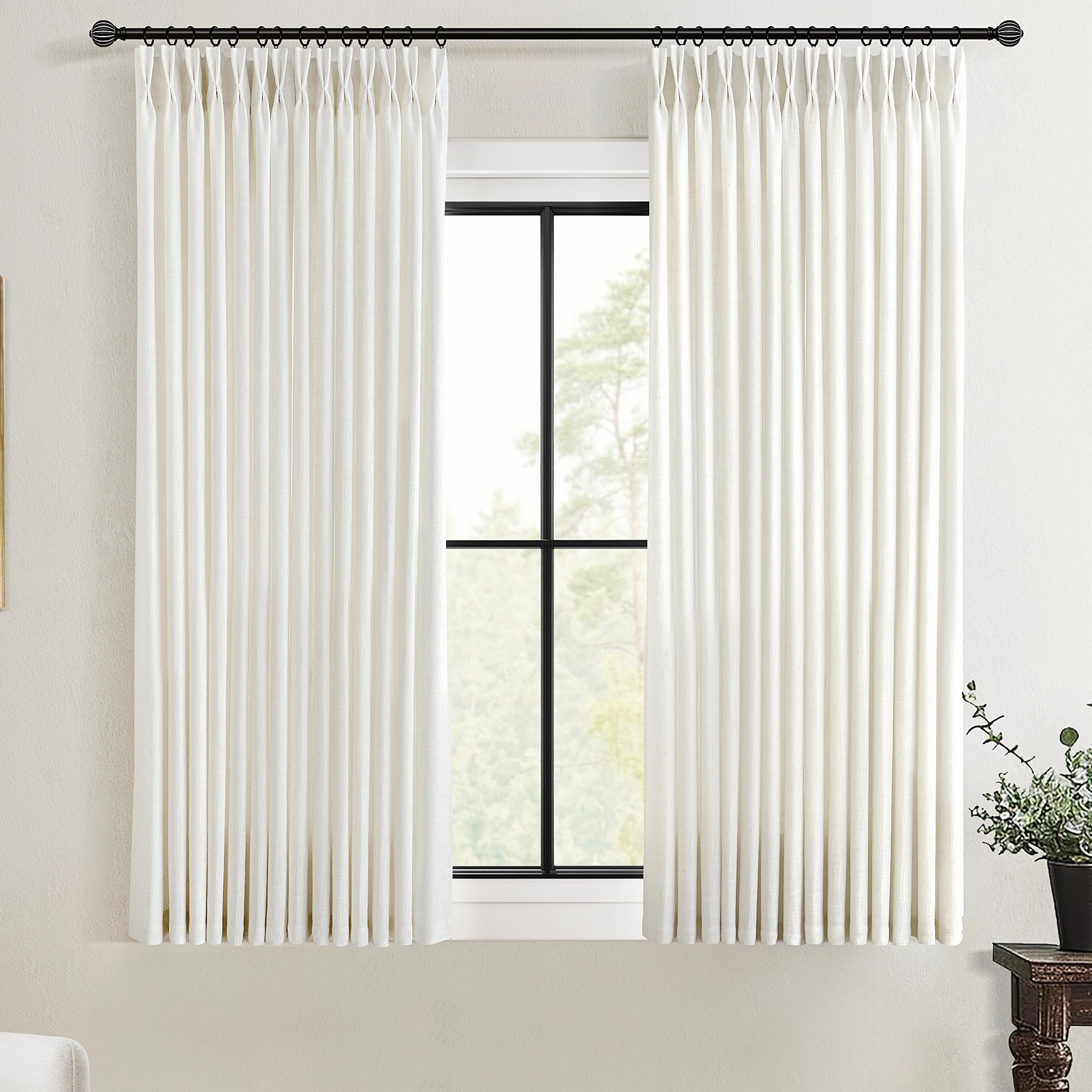 Thick Linen Pinch Pleated Curtains 45 Inch Length 2 Panels for Kitchen Small Window Beige White Curtains Semi Sheer Light Filtering Neutral Boho Bedroom Window Drapes Back Tab with Hooks Clip Rings