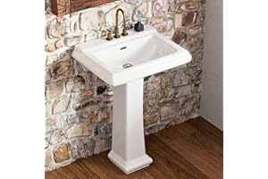 Rectangular Pedestal Sink With Large Capacity Bowl, Los Flexi 26"L x 20"W Glossy White Ceramic Bathroom Pedestal Sink with 3 Faucet Holes at 4" Centers, Overflow, and Spacious Countertop