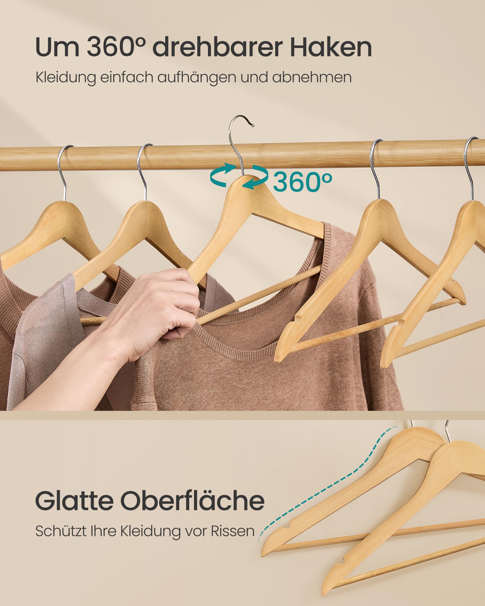 SONGMICS Kleiderbügel Holz, 30er Set, Holzbügel schlank, Bügel, platzsparend, Hosenbügel, 360° drehbarer Haken, Birkenholz, für Träger und Jacken, naturfarben CRW030K01 7