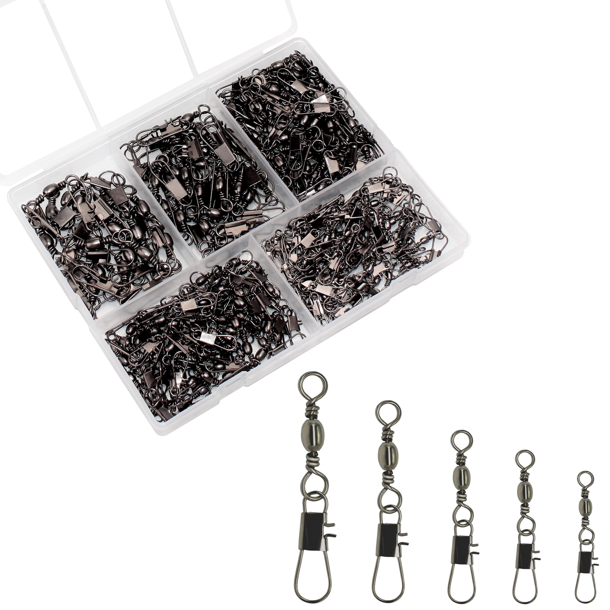 OKVGO 200pcs Fishing Barrel Swivel with Interlock Safety Snap, Copper Alloy Solid Ball Bearing Swivels Snaps Connector for Quick Connect Lures Fishing Tackle Box Kit Size 6# 8# 10# 12# 14# Style B