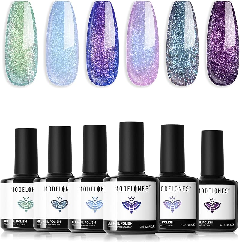 Modelones Aurora Chameleon Gel Nail Polish Set 6x7ml Glitter Blue Purple Green
