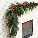 Lunmon 6ft Christmas Long Needle Pine Garland Realistic Norfolk Pine Garland with Pinecones Red Berries Artificial Real Touch Greenery Xmas Decor for Indoor Outdoor Mantel Dining Table Stair