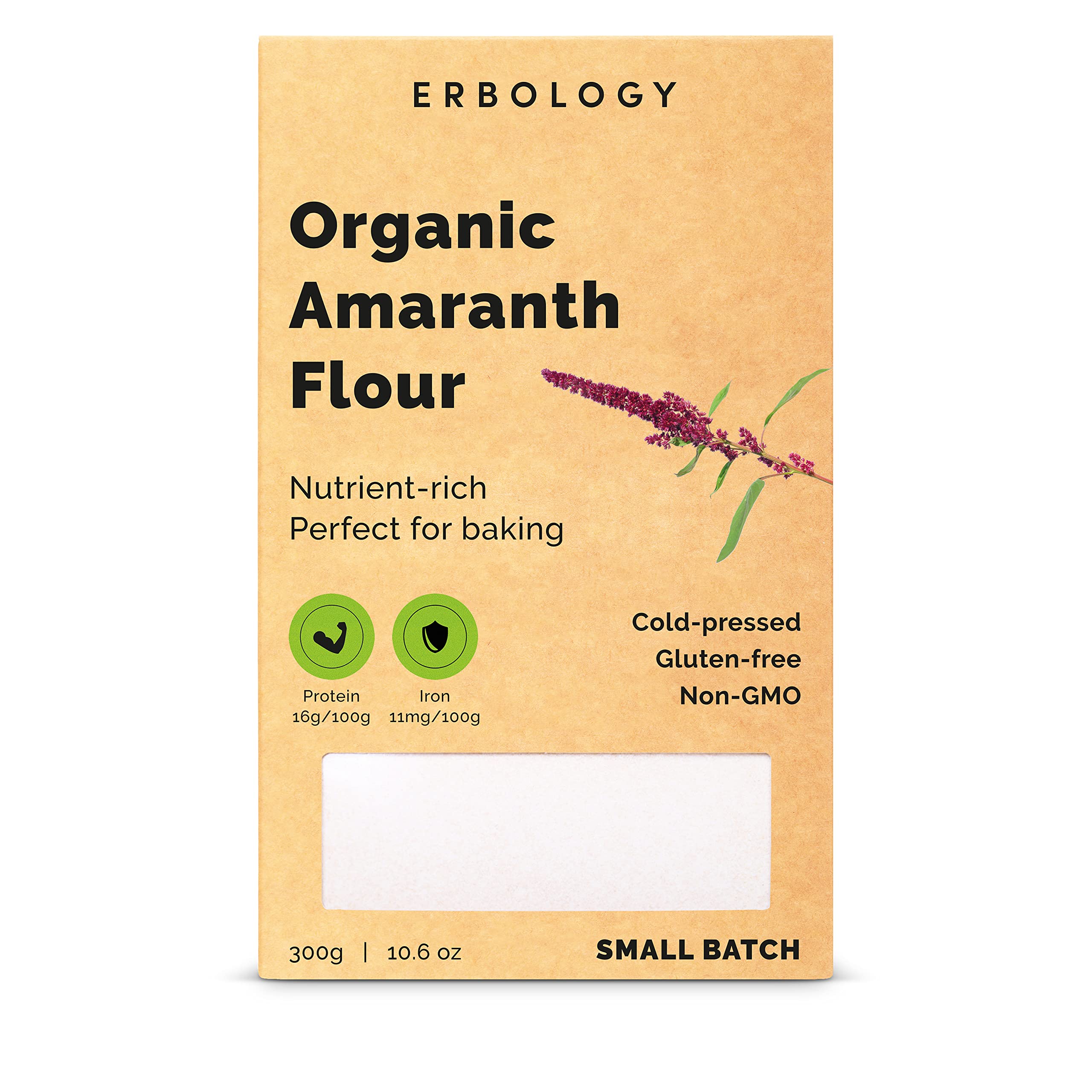 Erbology Organic Amaranth Flour 300g - Rich in Fibre, Protein and Minerals - Made from 100% Cold-Pressed Amaranth Grain - Vegan and Gluten-Free