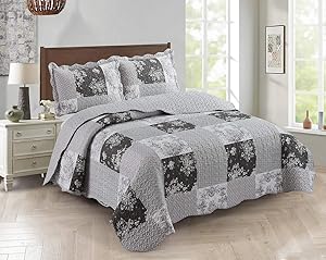 Brilliant Sunshine Country Garden Toile and Floral Patchwork, 3-Piece Quilt Set, Reversible Bedspread, Lightweight Coverlet, All-Season, Full/Queen, Charcoal Gray