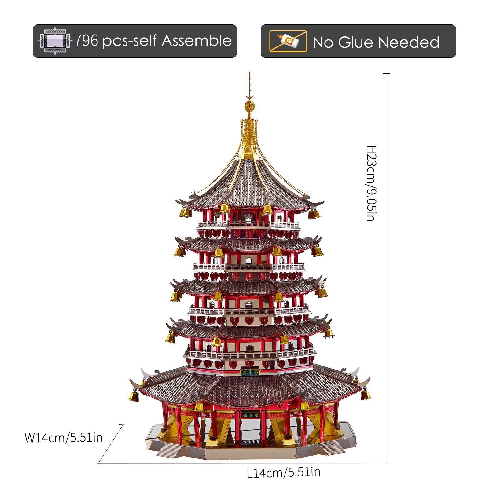 Piececool 3D Metal Puzzle Model Kits- Leifeng Pagoda Metal Model Kits for Adults, Chinese Traditional Architecture Building Kits DIY Brain Teaser Puzzles Gifts for Teens Family- 796 Pcs