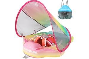 ANJEEIOT Mambobaby Float with Canopy Baby Float Non Inflatable Baby Safety Float for Swimming Pool Float Upgraded Tail Soft Skin-Friendly Material for Toddler Infant 3-24 Months, Rainbow