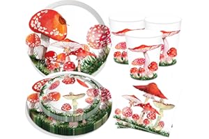 BHNACIER 68 Pcs Red Watercolor Mushroom Party Supplies Mushroom Birthday Party Decorations Tableware Set - Serves 16 - Includes Mushroom Plates and Napkins, Dessert Plates Cups for Mushroom Theme Decorations