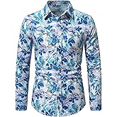 OYOANGLE Men's Hawaiian Shirts Floral Print Long Sleeve Button Down Beach Vacation Shirt Tops