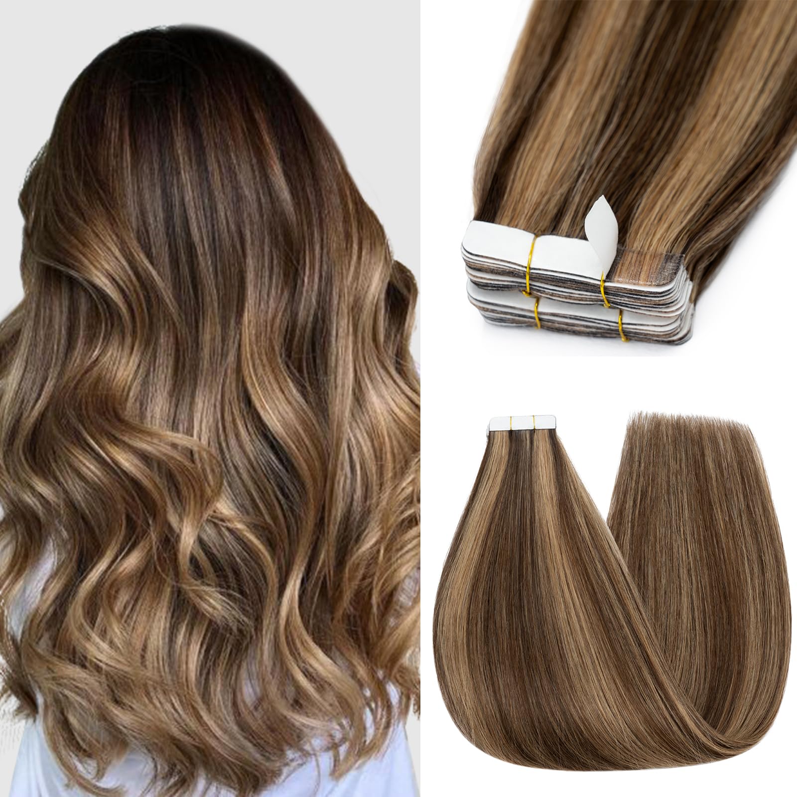 Silk-co Tape in Hair Extensions Real Straight Human Hair 20 inch 10 Pieces #4P27 Medium Brown&Dark Blonde Remy Hair Extension Seamless Straight — image 1