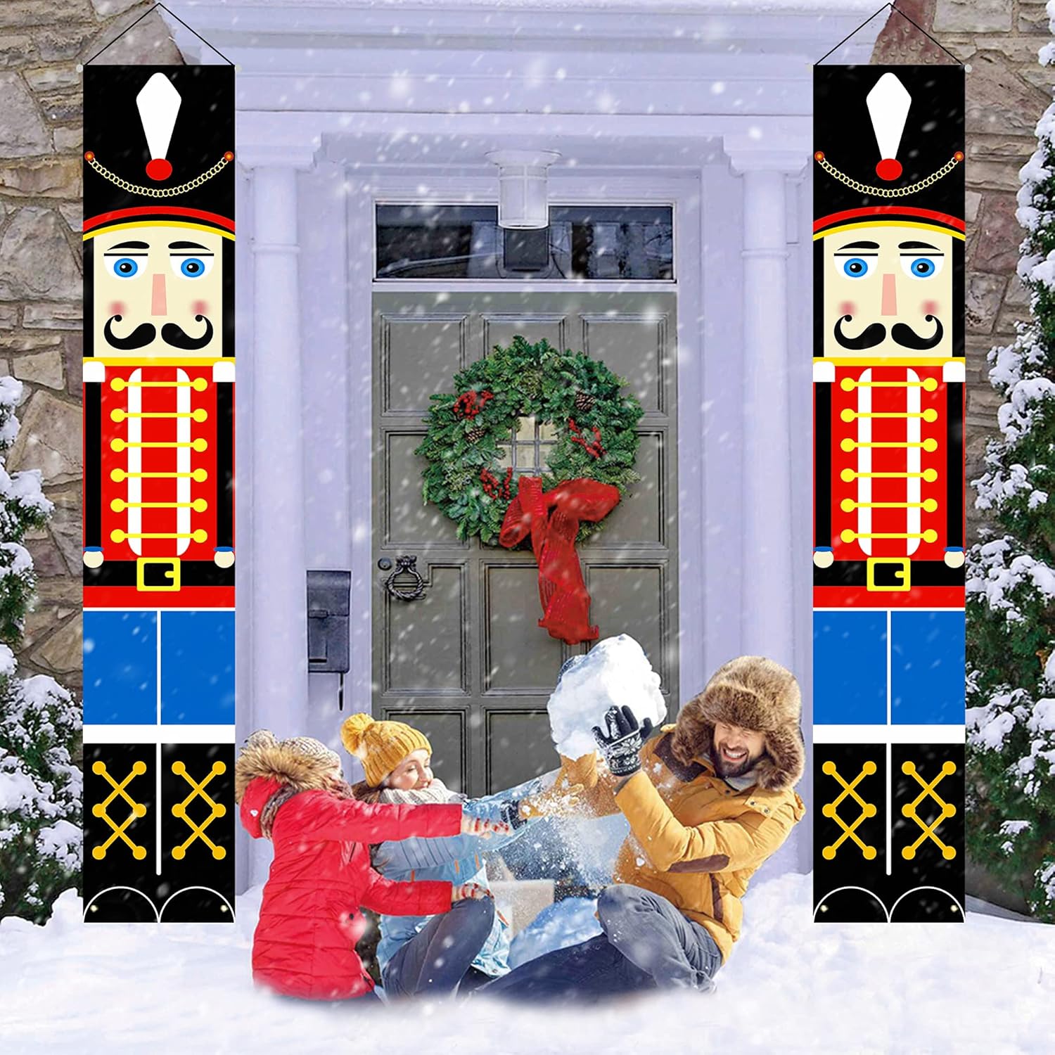 Nutcrackers - LAUJOY Nutcracker Christmas Decorations - Outdoor Xmas Decor - Life Size Soldier Model Nutcracker Banners for Front Door Porch Garden Indoor Exterior Kids Party Yard Gate 1 Pair 32x180cm
