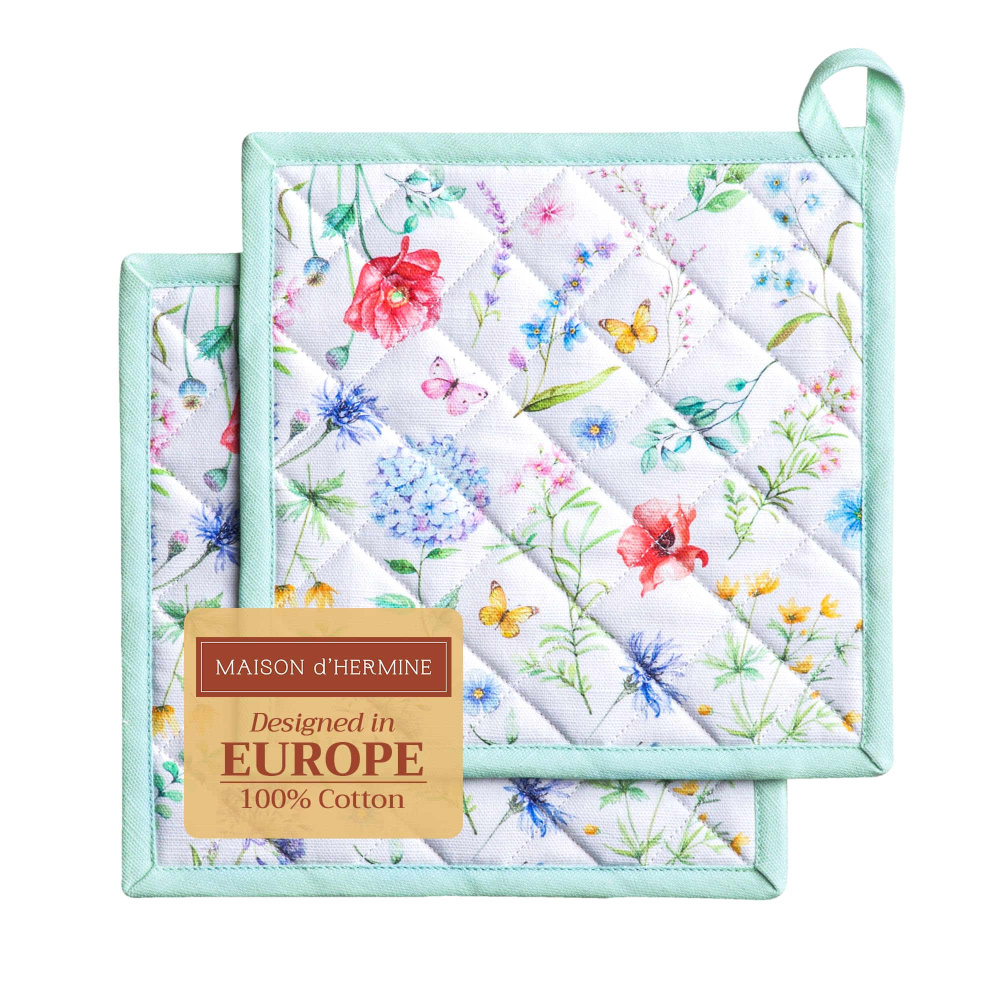 Maison d' Hermine Just Floral 100% Cotton Pot Holder Set of 2 for Barbecue, Baking, Oven, Microwave, Grilling, Spring/Summer, Easter (20 cm x 20 cm)