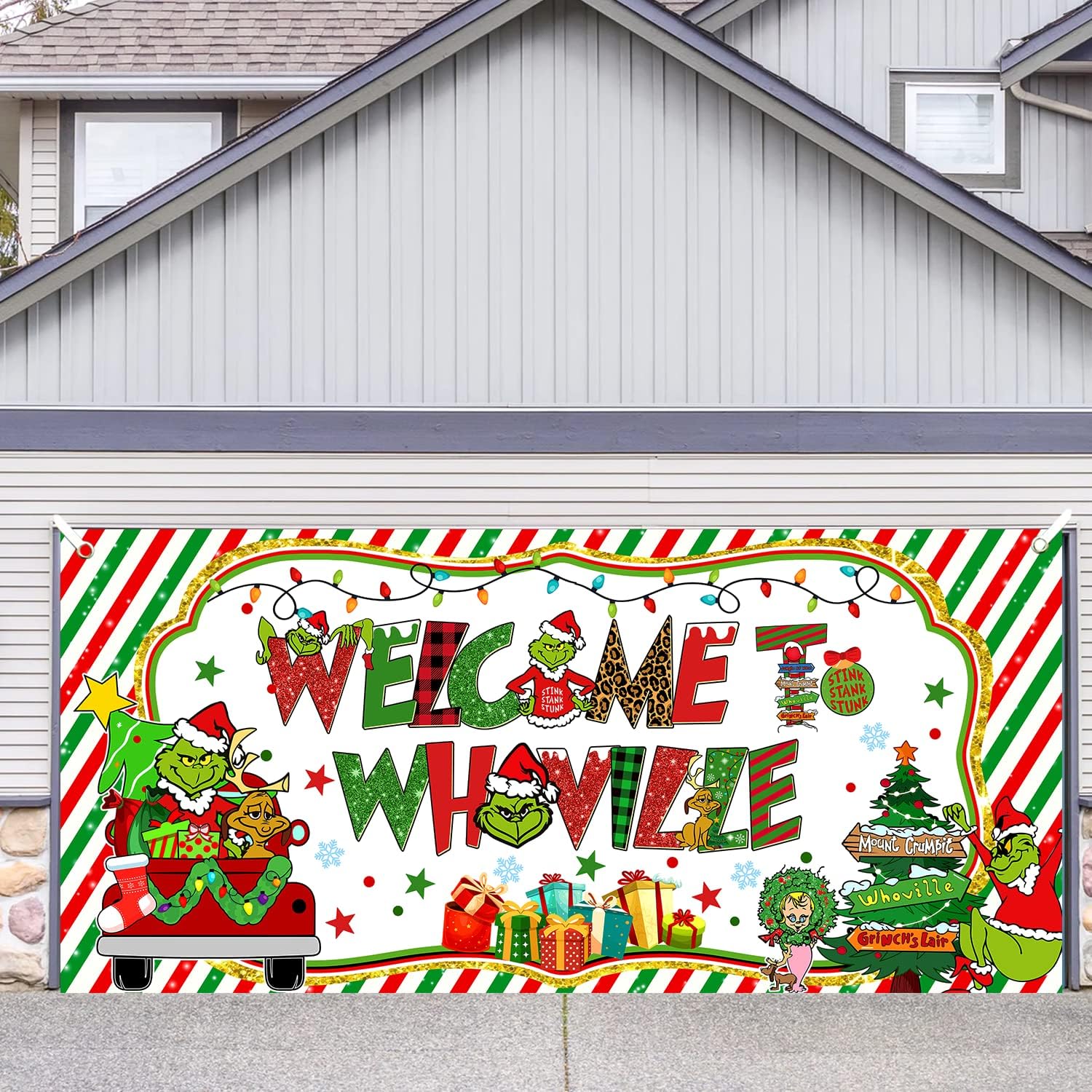 Garage Door Decorations - Large 12.6 X 6ft Christmas Garage Door Cover, Christmas garage door mural, Garage Door Christmas Banner for Whoville Christmas Decorations, Merry Christmas Garage Door Banner tineit