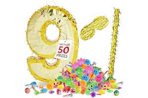 HOMEIFY Gold Foil Number Pinata for Birthday Party for Girls & Boys with Gold Blindfold and Stick, Prefilled with Assorted Party Favors 50 Pcs, Birthday Party Decorations (9)