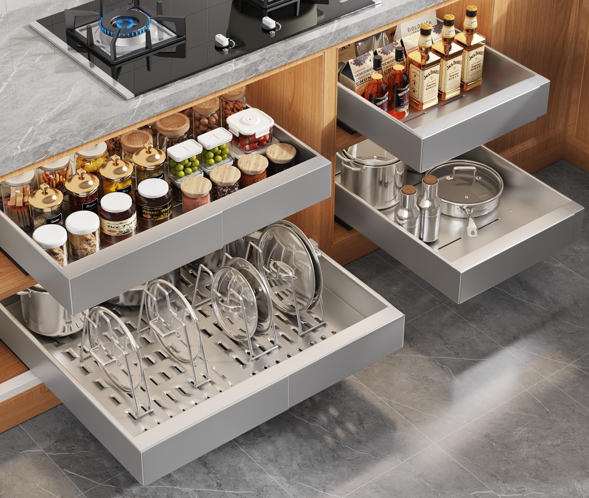 Seinloes 4Pack Expandable Pull Out Cabinet Organizer 21" Deep with Raising Pad for Framed Cabinets,Slide Out Drawers with 4pcs Divider Racks,Roll Out Shelves,Adjustable Width 12.05"-20.4" Silver Image