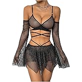 OYOANGLE Women's 2 Piece Mesh Sheer Criss Cross Crop Top and Asymmetrical Mini Skirt Party Rave Outfits