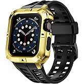 T-ENGINE Metal Case Compatible with Apple Watch Series 7/8/9 (45mm) for se Series 6/5/4 (44mm), One-Piece Metal Case with TPU Band for 45mm 44mm