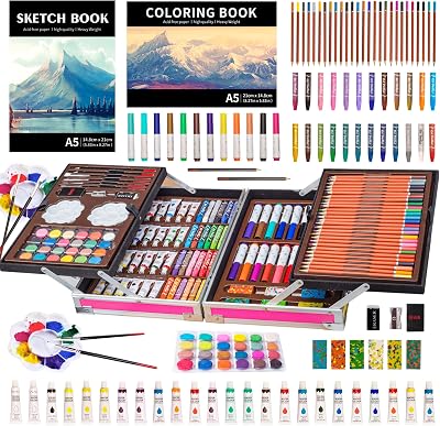 KINSPORY 139 PCS Art Set for Kids Deluxe Painting Case Pink