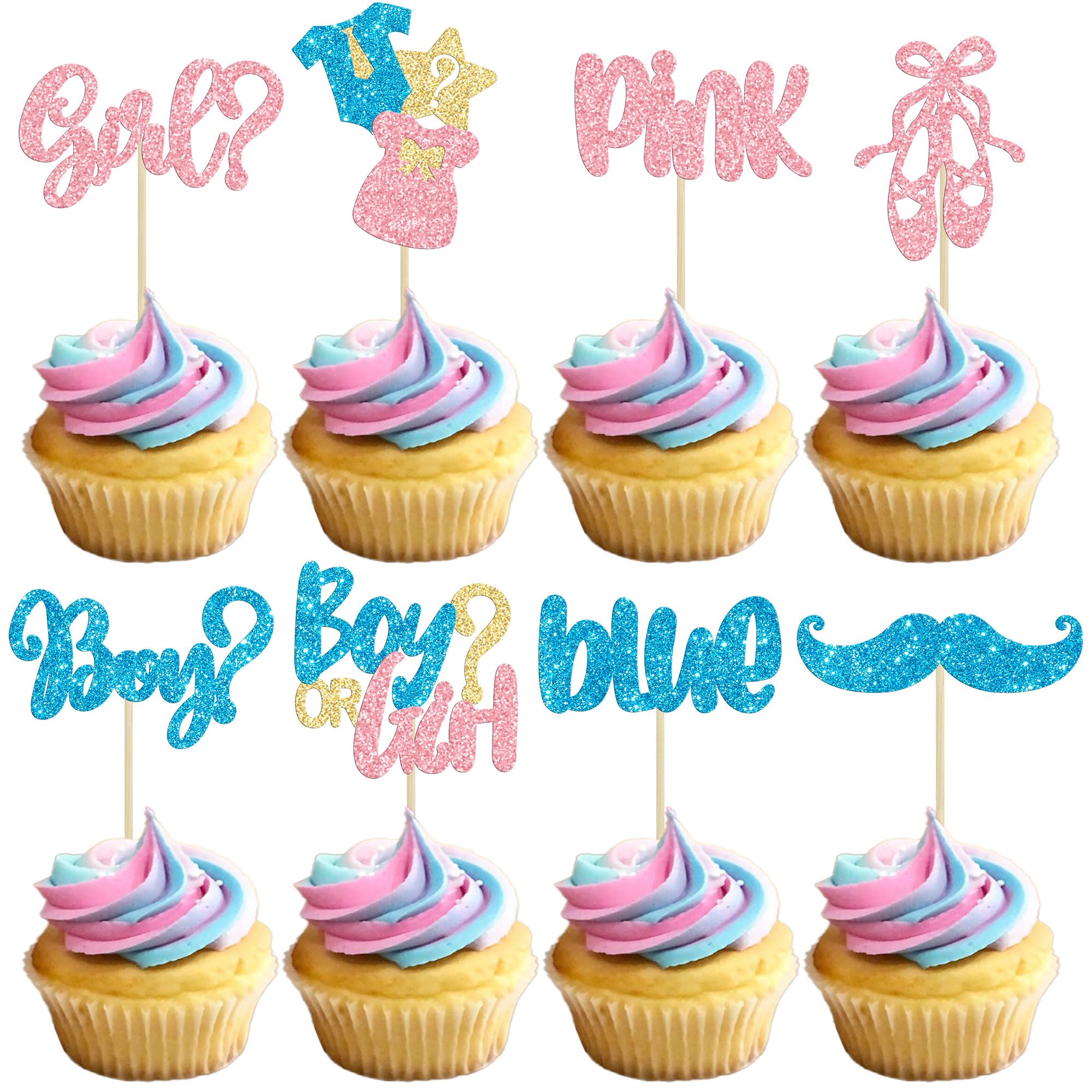 Gyufise 24Pcs Boy or Girl Cupcake Toppers Glitter Mustache Eyelash Gender Reveal Cupcake Picks Pink or Blue Cake Decorations for Baby Shower Gender Reveal Birthday Party Supplies