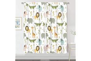 MESHELLY Kids Safari Curtains 42W X 63H Inch Rod Pocket Cute Cartoon Animals Baby Boy Nursery Bedroom Decor Woodland Jungle Lion Elephant Curtains for Children Living Room Window Drapes Fabric