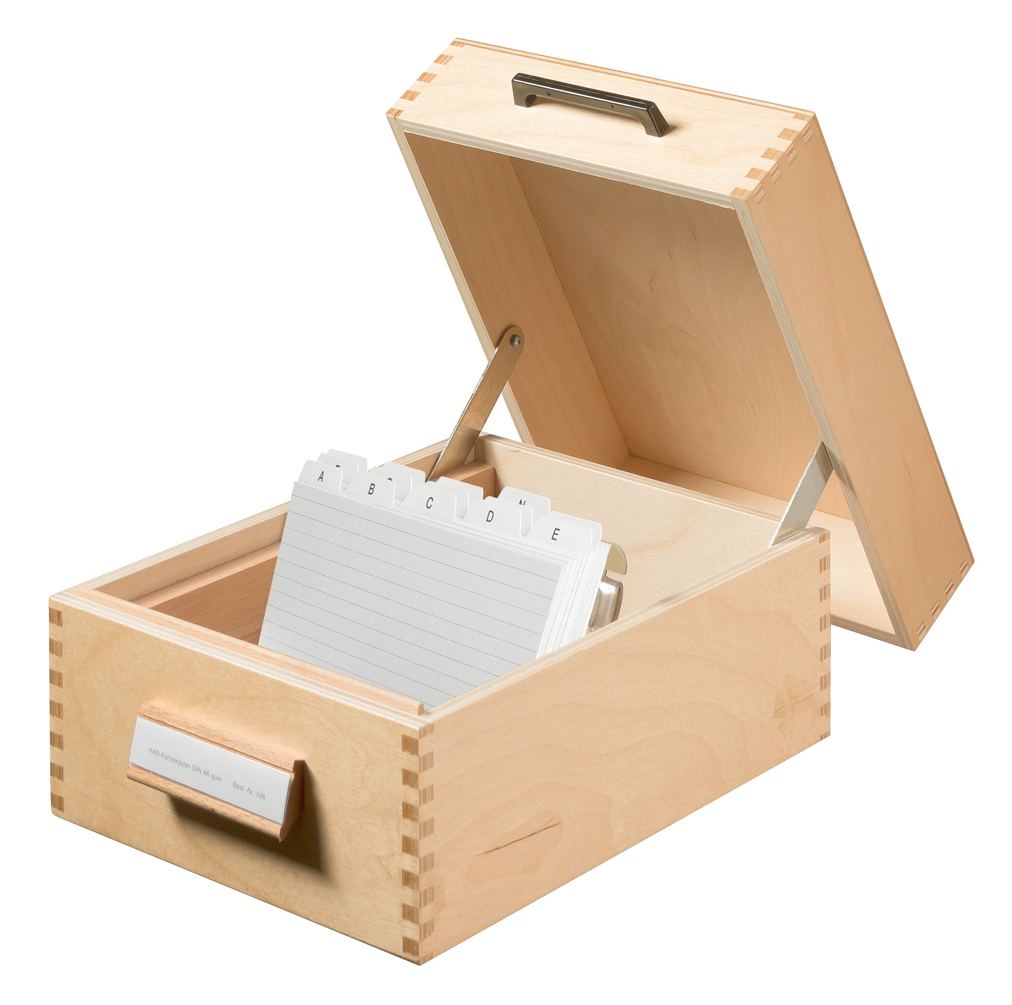 HAN 506, Wooden card filing box A6 landscape, for 900 cards, metal base/support plate, natural wood
