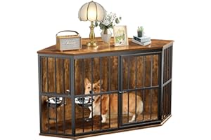 MODCART Medium Dog Crate Furniture, 42” Heavy Duty Corner Dog Crate with 2 Stainless Steel Bowls, Dog Kennel Furniture Style House, Wooden Decorative Pet House End Side Table, Chew-Resistant, Rustic