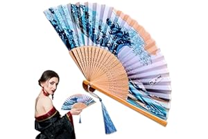 BURIUS Silk Japanese Fan - Bamboo Handheld Folding Fan for Women, Kanagawa Wave Retro Style, 14.5x8.2 Size Vintage Fans, Colorful Folding Fans Handheld, Good for Dancing, Decorating and Gifting