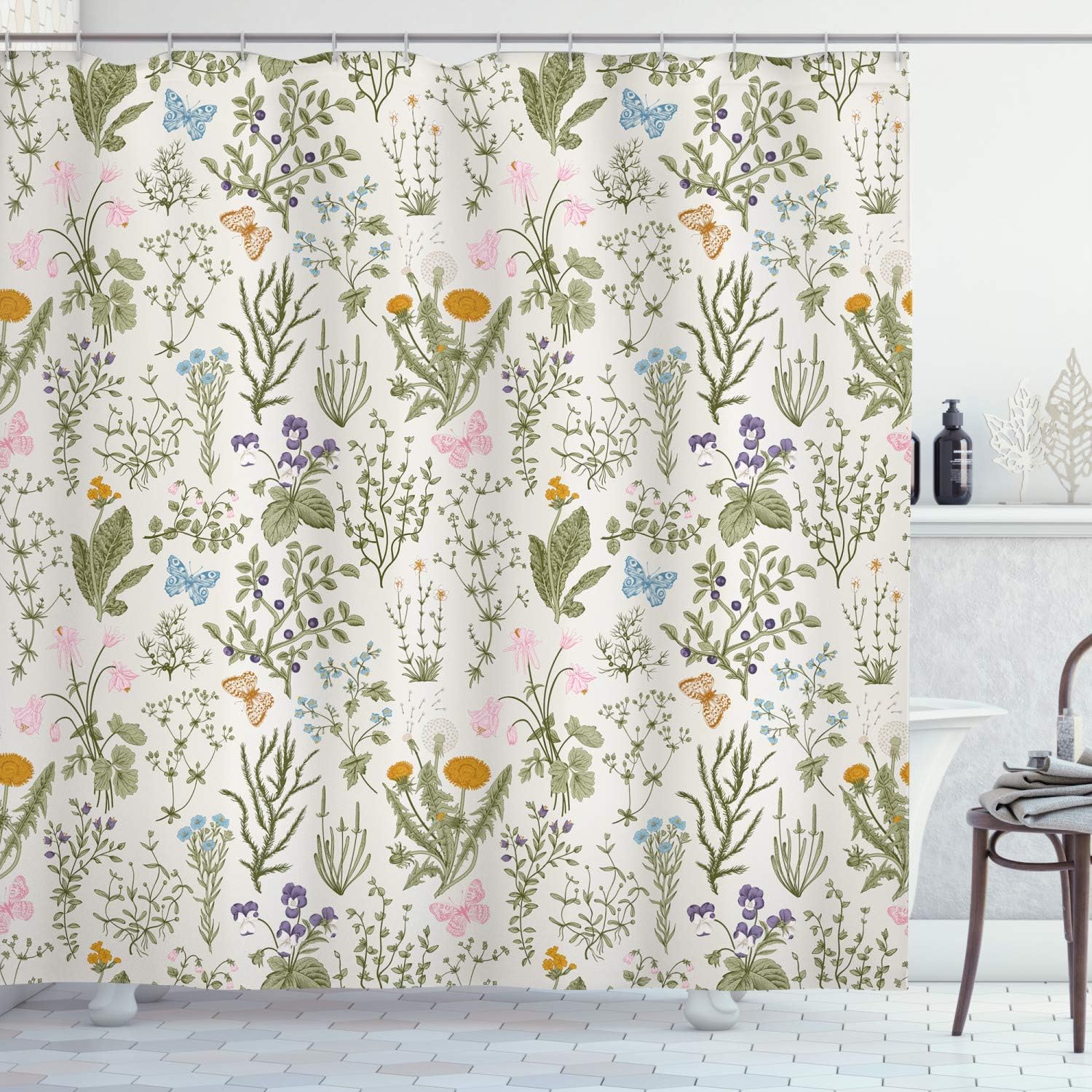 Ambesonne Floral Shower Curtain Vintage Garden Blossoming Flowers Botanical Classic Washable Cloth 100% Polyester Fabric Set with Hooks for Bathroom & Guest Room Decor 69" W x 84" L, Green Orange