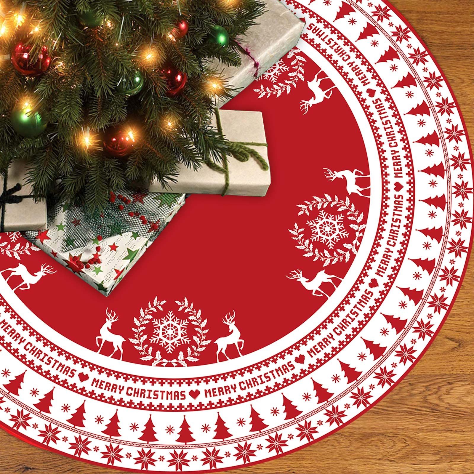 Christmas Tree Skirt, 48 Inch Large Red White Snowflake & Reindeer Tree Skirt Cover, Rustic Polyester Xmas Tree Mat for Christmas Party Winter Holiday New Year Decoration Indoor Outdoor