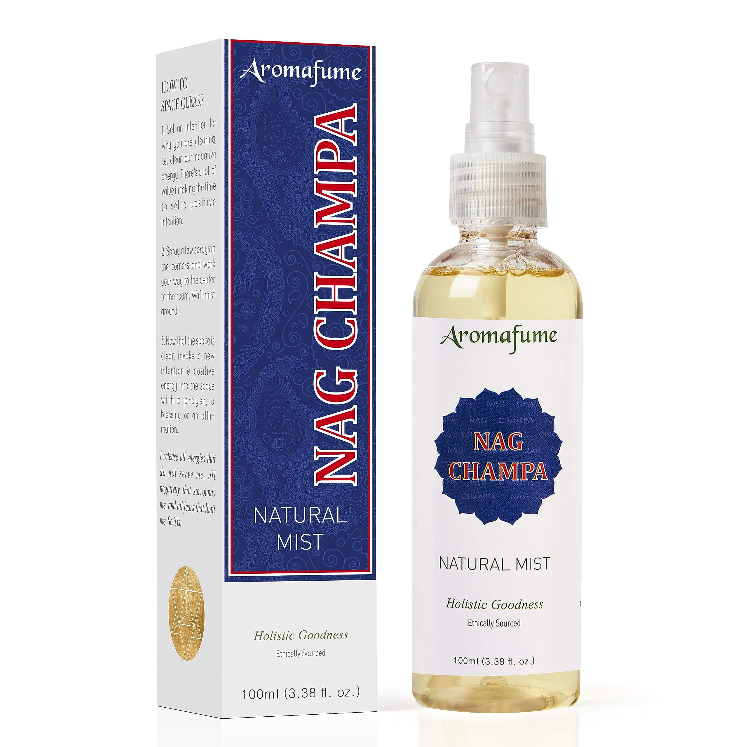 Nag Champa Natural Mist Spray by Aromafume | 100 ml / 3.3oz | Made with Sandalwood, Jasmine, Ylang Ylang & Champa flower extracts | Ideal for meditation and rituals | Non-alcoholic, non-toxic