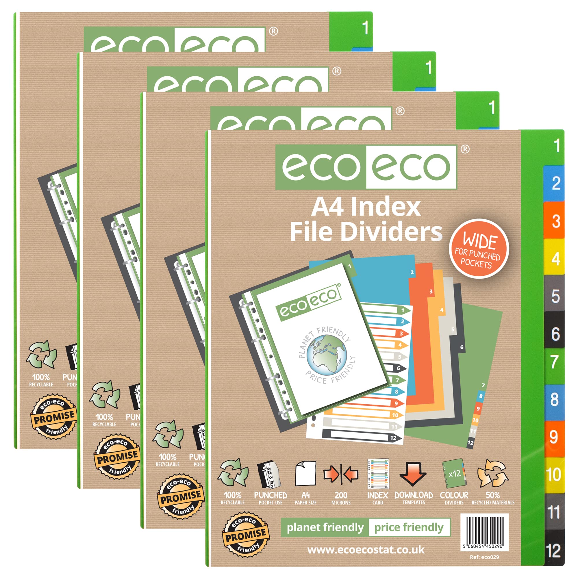 eco-eco A4 50% Recycled Multipunched Reinforced Colour Recycled Set 12 Wide Index File Dividers 200mic (Pack of 4), eco029x4