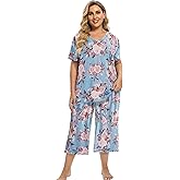 Vozanet Women's V Neck Sexy Pajamas Capri Sets Mexican Style Floral Sleepwear 2PCS Totem Casual Nighty Plus Size M to 5XL