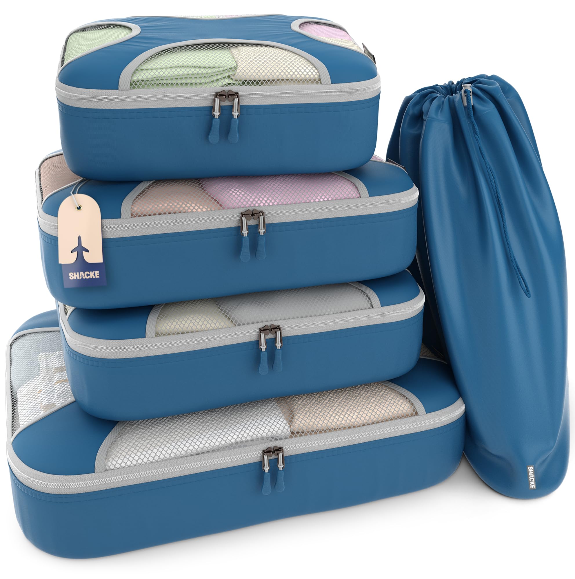 Photo 1 of Shacke Premium 5 Packing Cubes Set - Lightweight Mesh Travel Luggage Organizers with Laundry Bag, 5-Piece Suitcase Storage System (Navy)