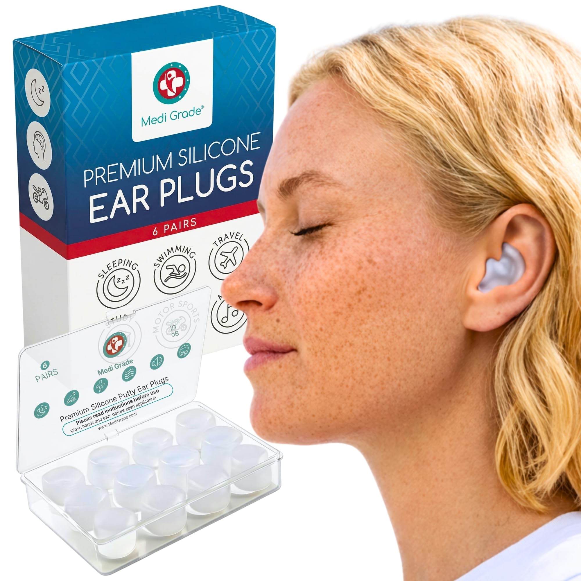 Medi Grade Premium Silicone Ear Plugs for Sleep, 6 Pairs, 27dB - Mouldable and Reusable Noise Cancelling Silicone Ear Plugs for Sleeping, Swimming and Concerts - Ear Plugs Noise Cancelling