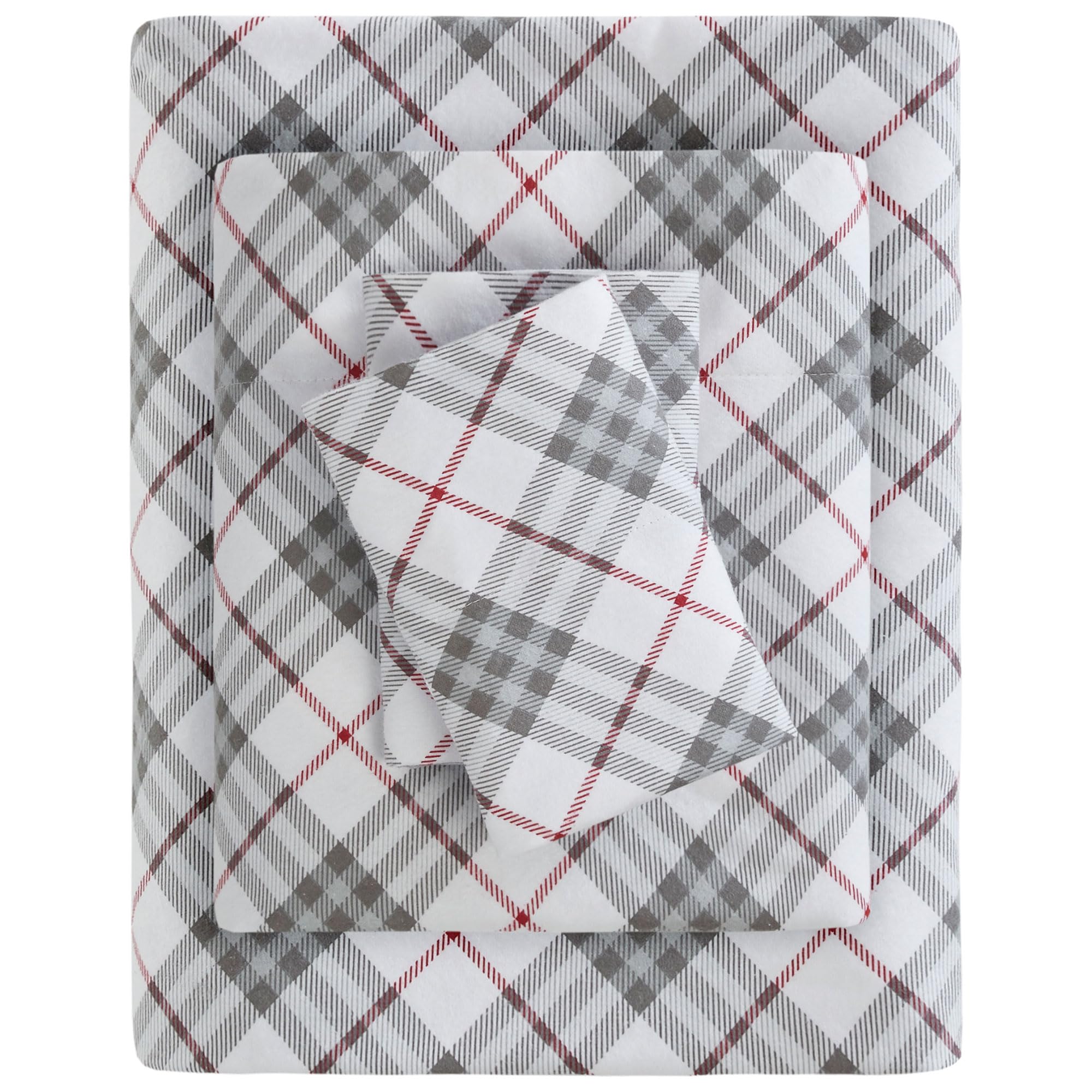 SLEEP PHILOSOPHY True North Cozy Flannel Warm 100% Cotton Sheet - Novelty Print Animals Stars Cute Ultra Soft Cold Weather Bedding Set, Twin, Red Plaid 3 Piece