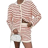 ICOBID Womens Striped 2 Piece Set Sweater Outfits Long Sleeve Crew Neck Button Cardigan Casual Knit High Waist Lounge Set