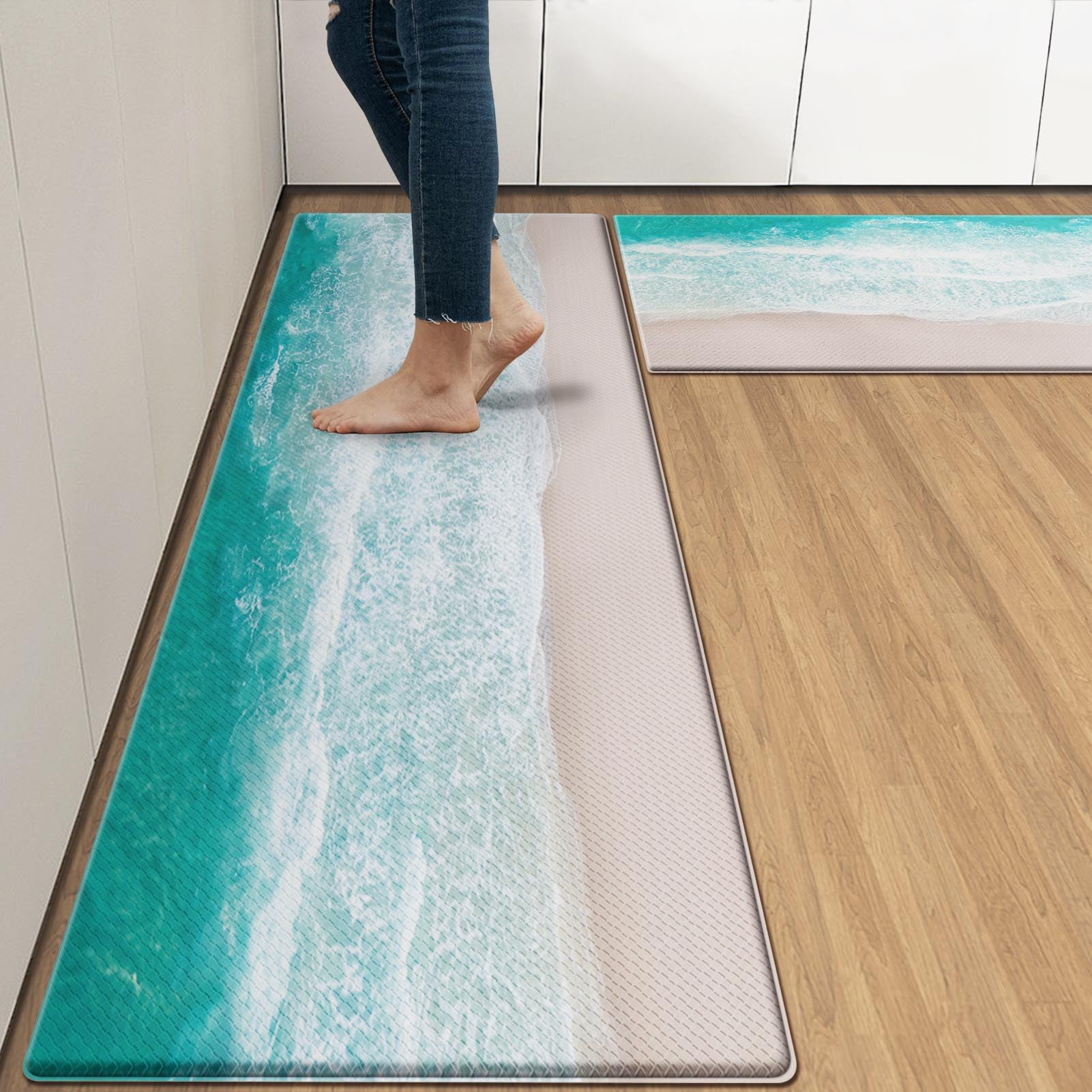 Photo 1 of Arttown Summer Beach Sea Ocean Anti-Fatigue Kitchen Rug Set of 2 Blue Teal Cushioned Floor Standing Mat Waterproof Non-Slip Kitchen Mat and PVC Ergonomic Comfort Foam Rug