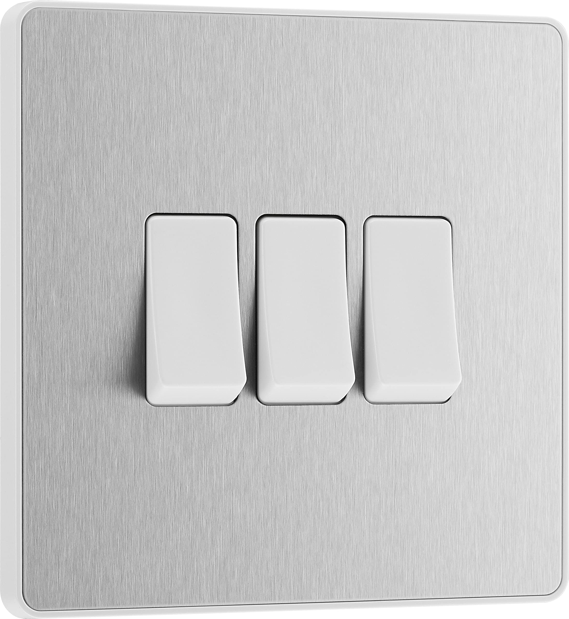 BG Electrical Triple Wall Light Switch, 2 Way, Screwless Front Plate, Round Edges, Evolve, Brushed Steel, 20A, 16AX, PCDBS43W — image 1