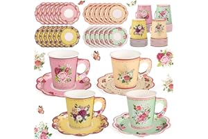 24 Sets Vintage Floral Tea Party Cups 7 OZ Disposable Paper Tea Cups with Handle and Plates Teacups and Saucer Sets for Baby 