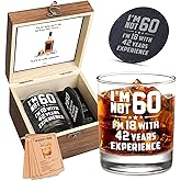 Harmora 60th Birthday Gifts for Men – Funny Whiskey Glass Set for Him Born in 1966 – 60 Year Old Gift Ideas for Dad, Grandpa, Husband, Friends – Wooden Box, Coaster, Cards