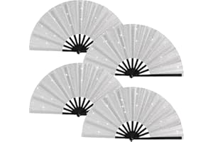 BRYCTSISEN 4 Pack Large Folding Fan Popping Fabric Fan Handheld Glitter Foldable Rave Fans for Line Dance Parties Outdoor Events Performance Decorations